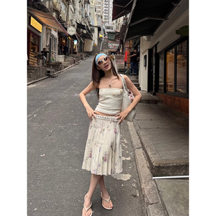 PlaceOrder 复古插画碎花百褶裙女夏季低腰显瘦百搭A字半身裙中裙