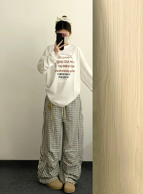 NERESUM星星挂饰裤子夏季蓝色格子直筒裤女垂感慵懒休闲阔腿裤ins