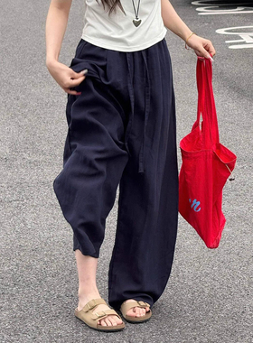 老钱风慵懒亚麻阔腿裤女夏薄款藏蓝色冰丝裤子垂感显瘦棉麻休闲裤