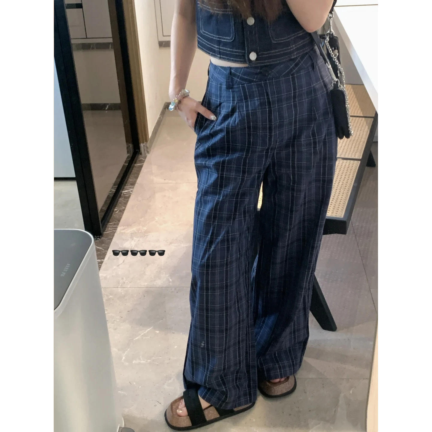 cookadaily人鱼_雅痞松弛慵懒随性藏青格纹宽松阔腿裤休闲裤长裤