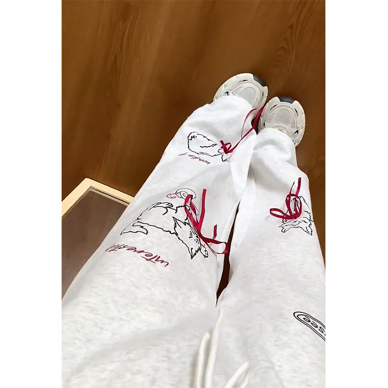 涂鸦猫咪印花蝴蝶结撞色休闲裤女秋冬季加绒宽松慵懒直筒阔腿卫裤
