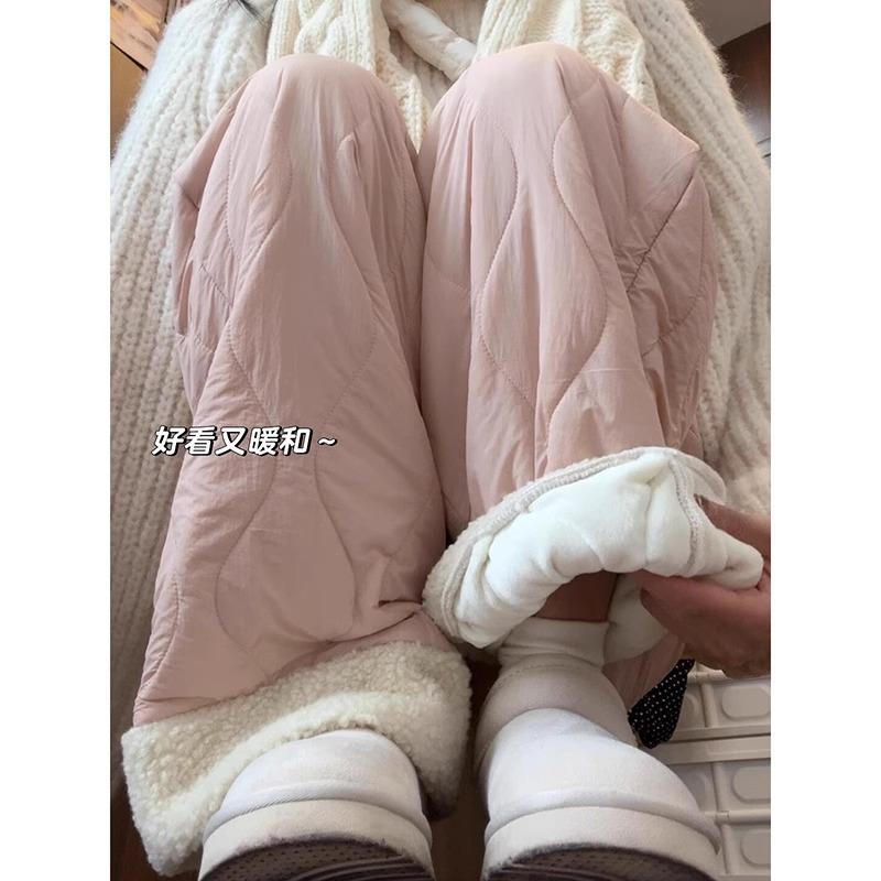 粉色摇粒绒棉裤高腰垂感休闲裤