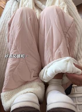 摇粒绒巨厚棉裤女冬季2024新款拼接高腰加绒加厚保暖阔腿羽绒裤潮