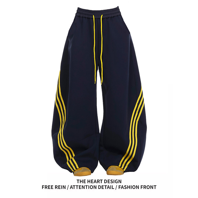 2025早春新款美式复古三条杠条纹撞色阔腿弯刀裤子女宽松运动卫裤