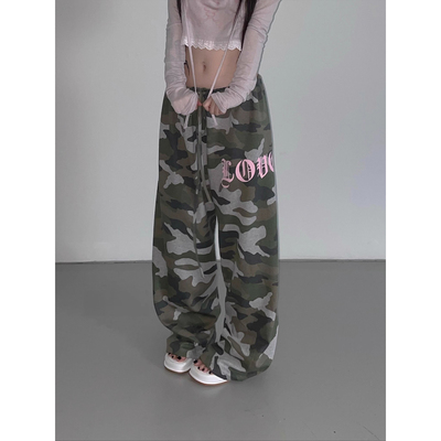 Unique SEI 街头小众梵文y2k字母印花迷彩裤夏薄宽松休闲阔腿卫裤