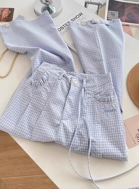 韩系穿搭奶蓝色格子休闲裤蝴蝶结系带慵懒垂感宽松直筒甜美阔腿裤