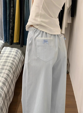 美式甜酷蓝色条纹休闲裤女夏季薄款设计感慵懒百搭蕾丝花边阔腿裤