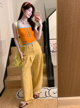 甜妹多巴胺黄色格子阔腿裤女夏季2025新款慵懒百搭显瘦直筒休闲裤