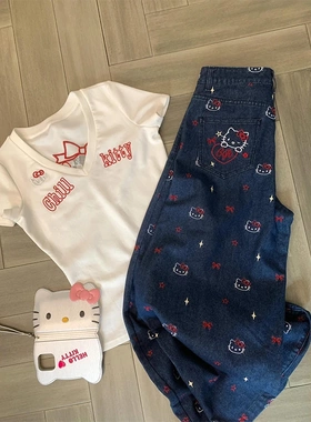 美式辣妹kt猫咪刺绣牛仔裤女夏季新款高级感百搭显瘦直筒阔腿长裤