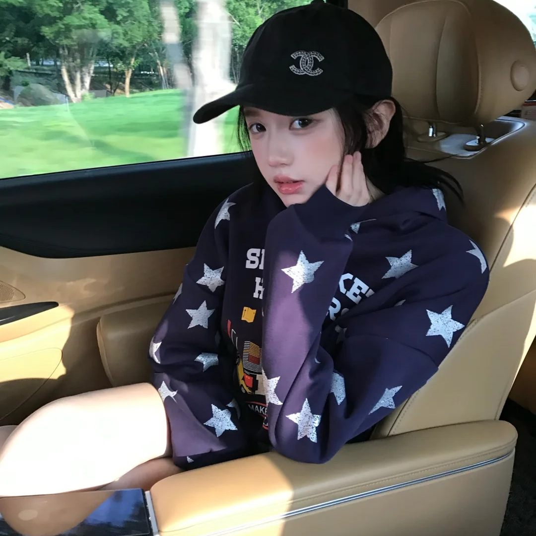 oioiesse美式复古星星字母印花连帽卫衣女秋冬加绒加厚宽松外套潮