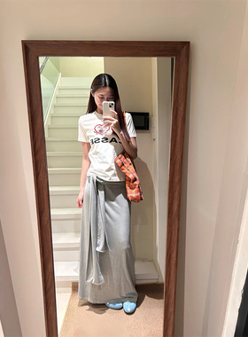 美式辣妹灰色绑带针织半身裙女夏季2025新款纯色修身垂感包臀长裙