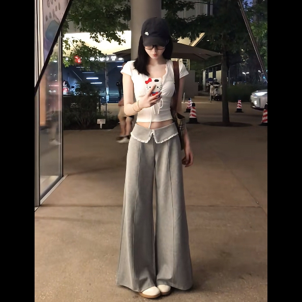 Wuu2sweet美式复古蕾丝花边休闲裤女夏季薄款显瘦百搭拖地阔腿裤