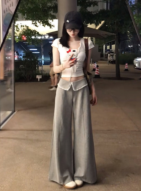 Wuu2sweet美式复古蕾丝花边休闲裤女夏季薄款显瘦百搭拖地阔腿裤