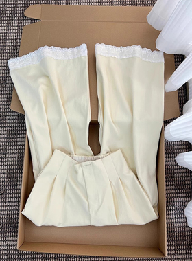 杏色蕾丝花边拼接直筒休闲裤女2025夏季设计感小众宽松显瘦长裤子