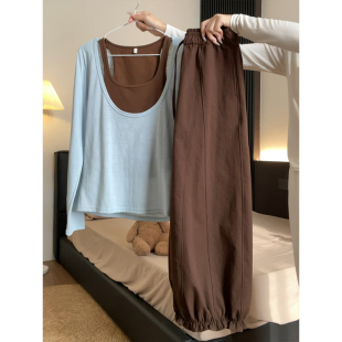 休闲束脚裤 韩系温柔假两件小上衣早秋淡人高知老钱风穿搭韩版 时尚