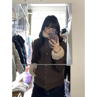 Skk Store 涩谷辣妹 韩系复古羊羔绒领皮毛一体夹克棉服外套女冬