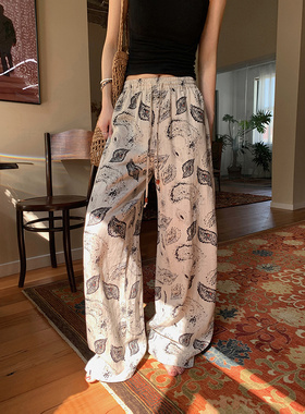 老钱风复古亚麻天丝休闲裤女夏季薄款高腰显瘦民族风腰果花阔腿裤