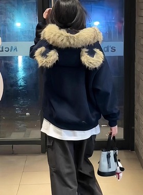 BEETLE TOWN美式复古卡通小熊毛领耳朵连帽卫衣秋女百搭开衫外套