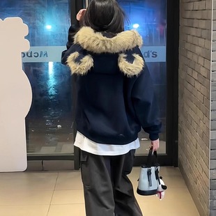 BEETLE TOWN美式复古卡通小熊毛领耳朵连帽卫衣秋女百搭开衫外套