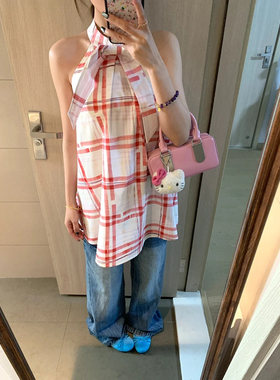 甜美蝴蝶结领带无袖红色格纹挂脖连衣裙女夏新款度假风设计感短裙