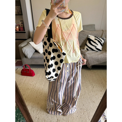 dpercent美式复古镂空绣花连腰波浪褶条纹裤女撞色显瘦宽松阔腿裤