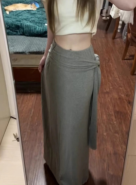 灰色高腰绑带针织半身裙子女夏季2025新款小众设计感a字包臀长裙