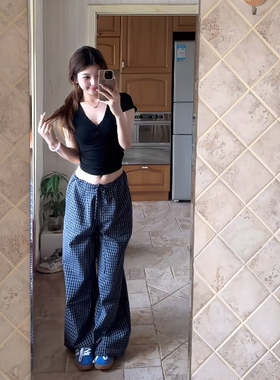 huffnpuff 复古慵懒风蓝色格子休闲裤女夏季高腰显瘦直筒阔腿长裤