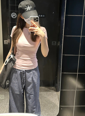 huffnpuff 复古慵懒风蓝色格子休闲裤女夏季高腰显瘦直筒阔腿长裤