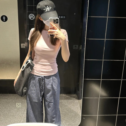 huffnpuff 复古慵懒风蓝色格子休闲裤女夏季高腰显瘦直筒阔腿长裤