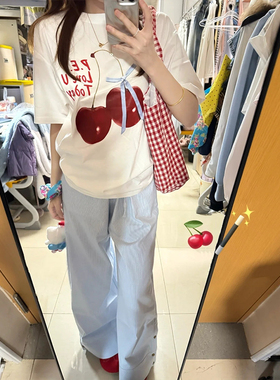 美式复古蓝色竖条纹休闲裤女夏季新款设计感小众排扣阔腿百搭长裤