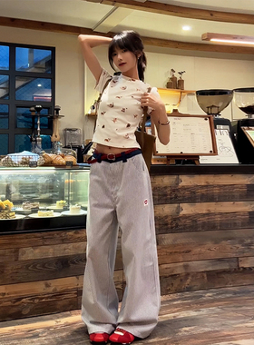 URKR 原创爱心刺绣美式复古竖条纹裤子女小众设计感休闲裤直筒潮