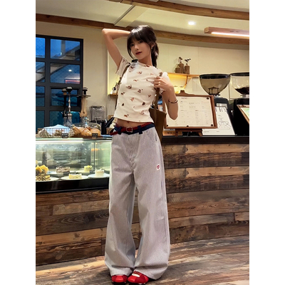 URKR 原创爱心刺绣美式复古竖条纹裤子女小众设计感休闲裤直筒潮