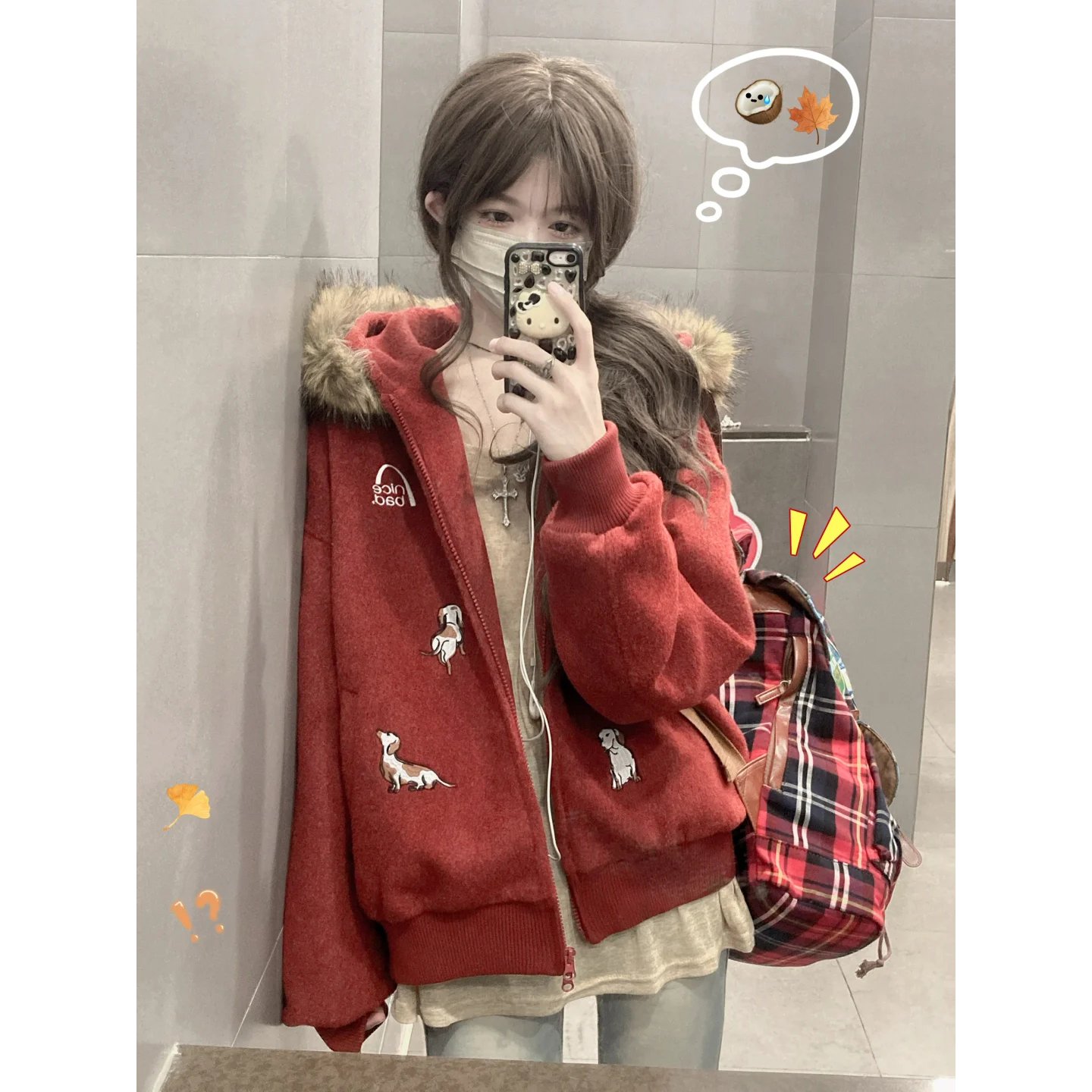 NICEBAD 美式刺绣小狗毛领连帽卫衣女秋冬宽松加厚保暖毛呢外套潮