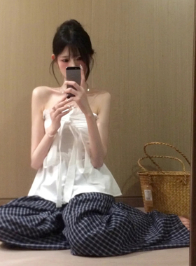 1ess la mode夏新款慵懒休闲蓝色直筒格纹裤宽松垂感阔腿裤25夏