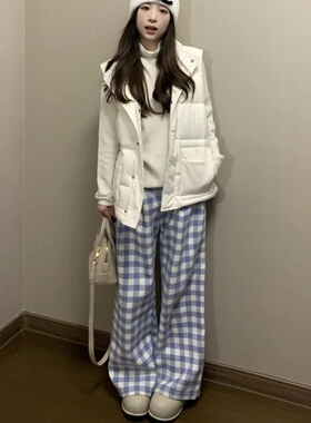 浅蓝色格子裤休闲阔腿裤女2024秋冬季新款加绒加厚显瘦百搭休闲裤