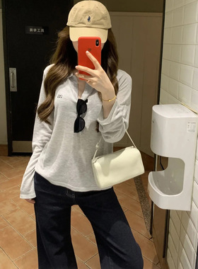 Archivum 亚麻莱赛尔天丝混纺V领POLO灰色显瘦防晒罩衫长袖上衣女