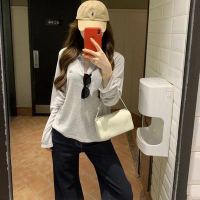 Archivum 亚麻莱赛尔天丝混纺V领POLO灰色显瘦防晒罩衫长袖上衣女