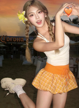 辣妹性感格纹花苞短裙女夏季设计感高腰绑带海边度假风甜辣妹裙子