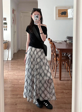 韩式温柔风垂感定制面料格纹半身裙女秋季长款不规则A字格子裙ins
