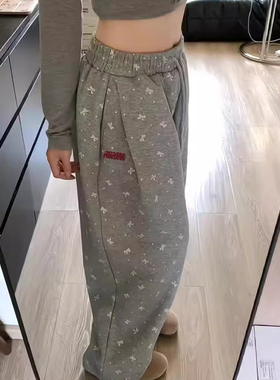 美式灰色蝴蝶结波点运动裤女秋冬季加绒宽松高腰直筒休闲阔腿卫裤