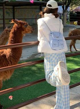 韩系百搭浅蓝色格子高腰褶皱阔腿裤女春秋新款宽松直筒裤高级休闲