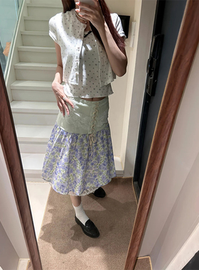 法式甜酷辣妹紫色碎花半身裙女夏季新款设计感重工拼接a字中长裙