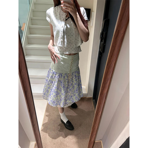 法式甜酷辣妹紫色碎花半身裙女夏季新款设计感重工拼接a字中长裙