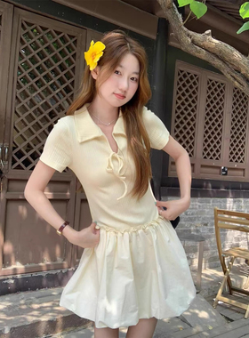 奶油甜美风纯色系带翻领短袖连衣裙女夏减龄修身显瘦蛋黄色花苞裙