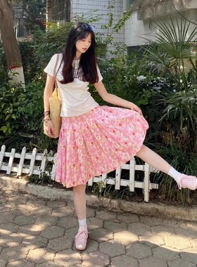 甜美粉色碎花半身裙女夏季新款设计感小众高腰百搭高品质百褶裙女
