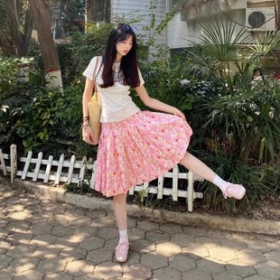 新款 甜美粉色碎花半身裙女夏季 设计感小众高腰百搭高品质百褶裙女