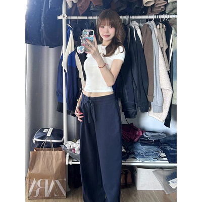 MYFC老钱风通勤藏青色天丝亚麻阔腿速干女夏薄凉感宽松百搭休闲裤