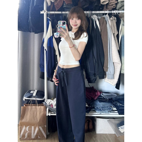 MYFC老钱风通勤藏青色天丝亚麻阔腿速干女夏薄凉感宽松百搭休闲裤