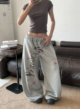 美式复古灰色字母印花休闲卫裤女早秋穿搭阔腿裤宽松直筒运动长裤