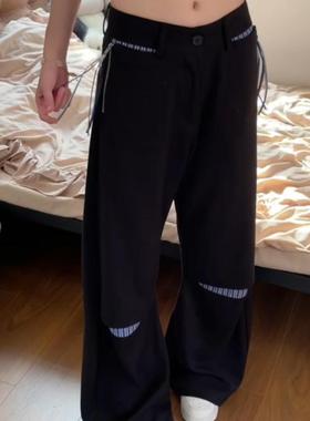 小众设计破口拼接条纹绑带阔腿黑色西装裤女春季复古高级感休闲裤